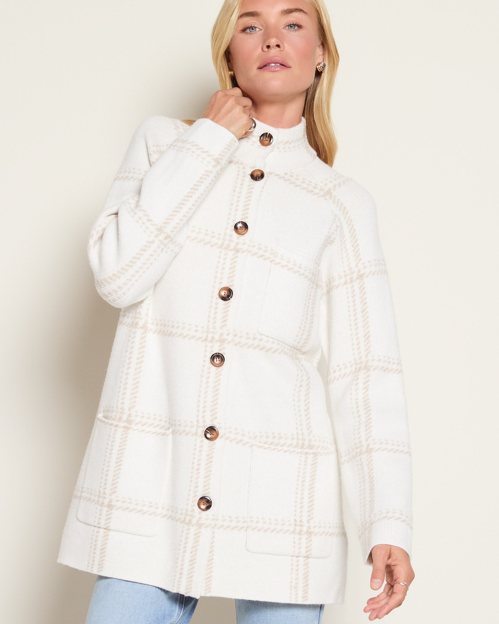 Cream Plaid $|& SEAS Riverbank Elongated Coatigan - SOF Full Front