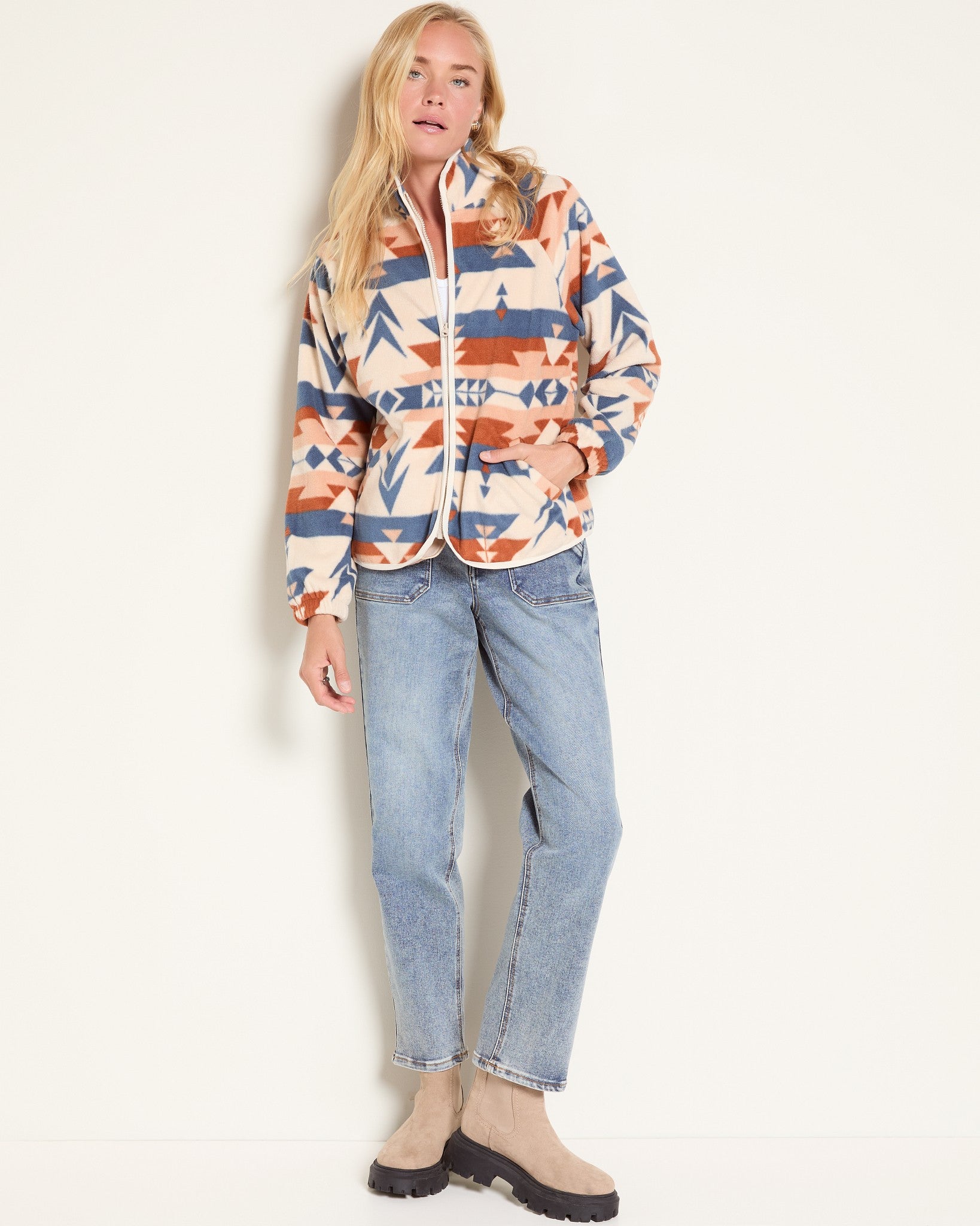 Cream/Cedar $|& Herizon Printed Microfleece Jacket - UGC On Fig