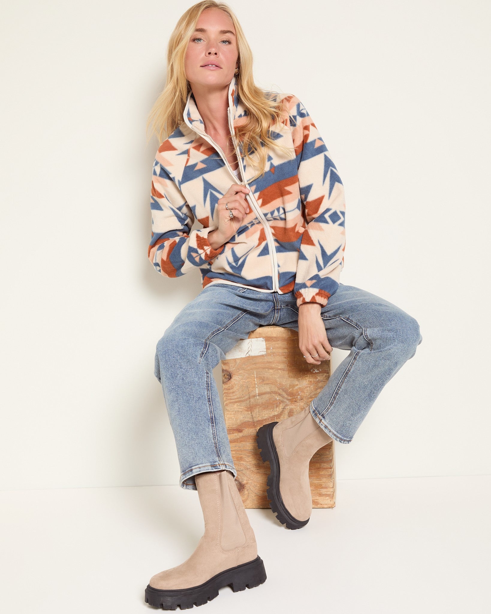 Cream/Cedar $|& Herizon Printed Microfleece Jacket - VOF Front