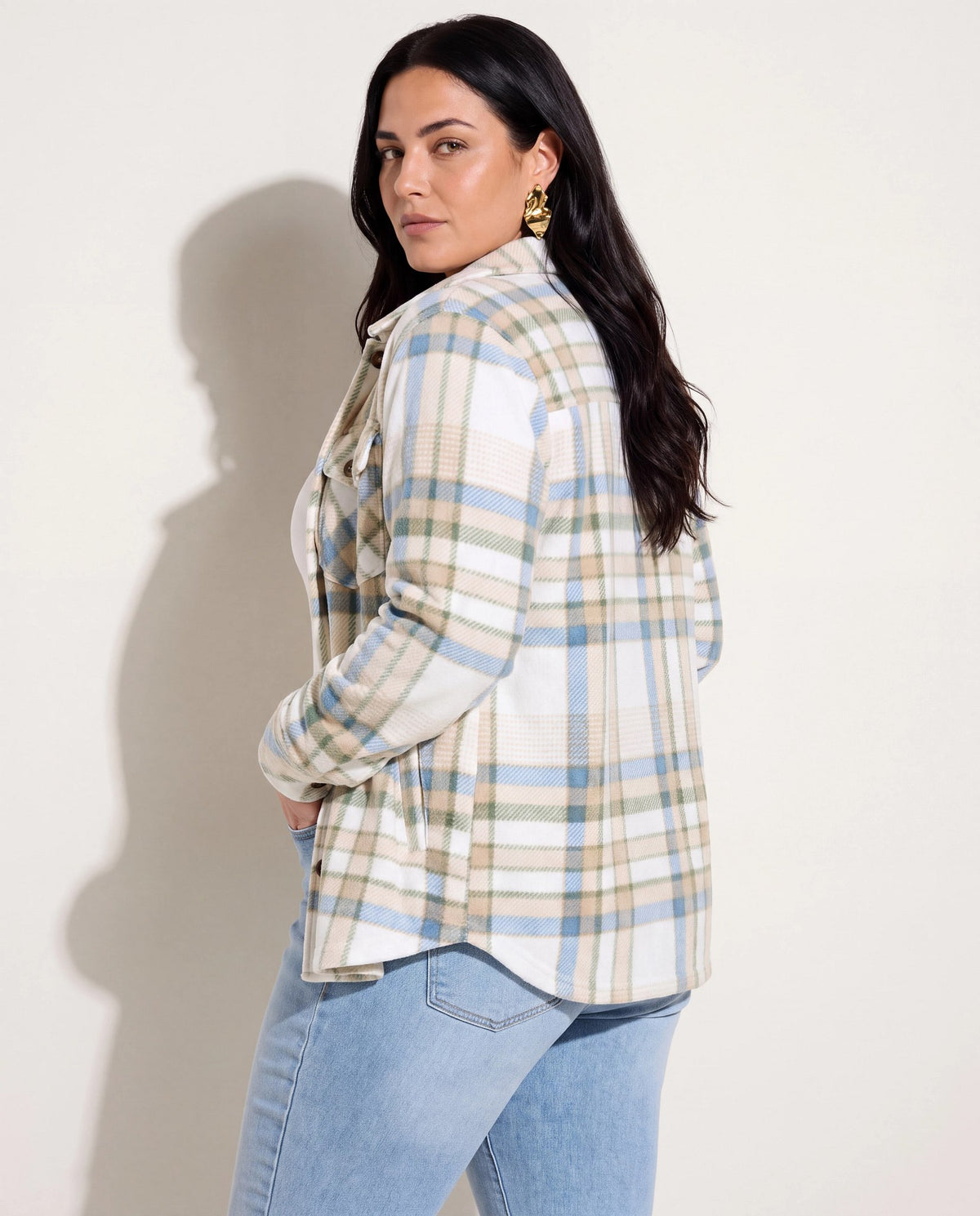 Ivory Plaid $|& SEAS Geena Microfleece Shacket - SOF Back