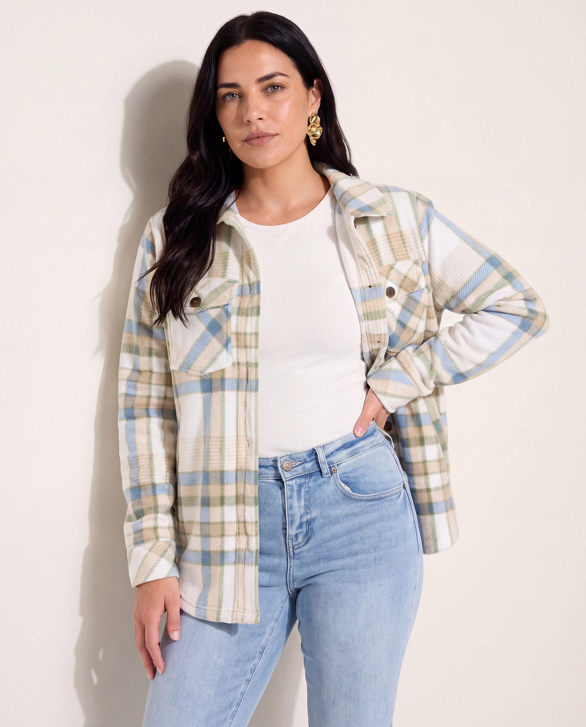 Ivory Plaid $|& SEAS Geena Microfleece Shacket - SOF Front