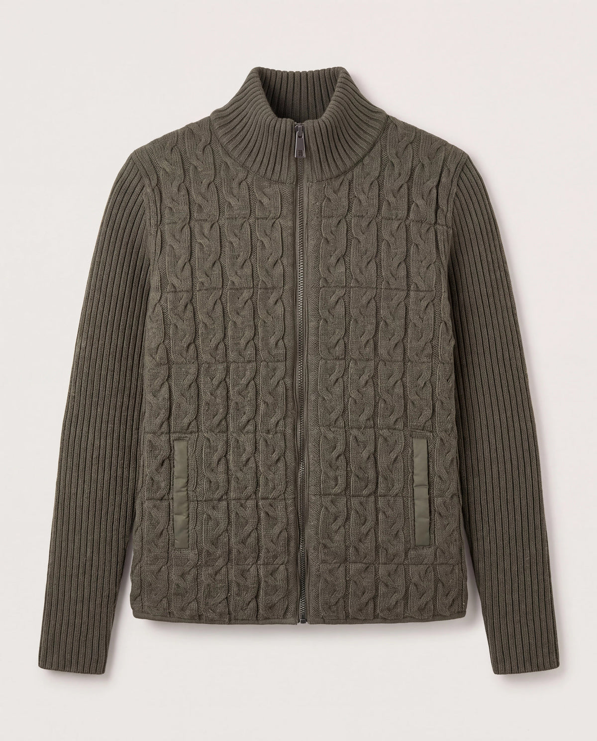 Heather Olive $|& Liverpool Zip Front Quilted Sweater Jacket - Hanger Detail