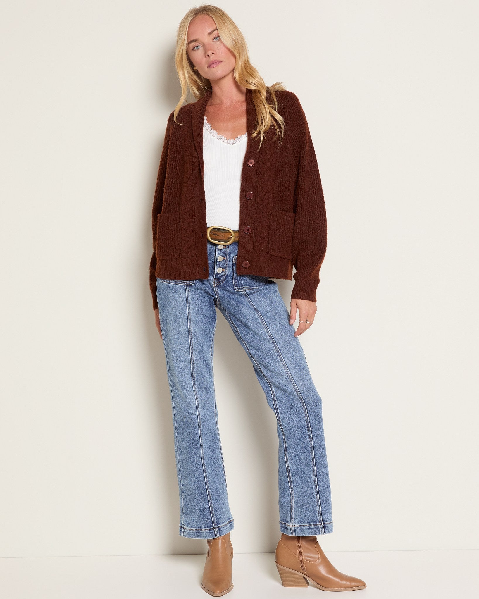 Heather Walnut $|& SEAS Janey Cable Knit Cardigan - UGC On Fig
