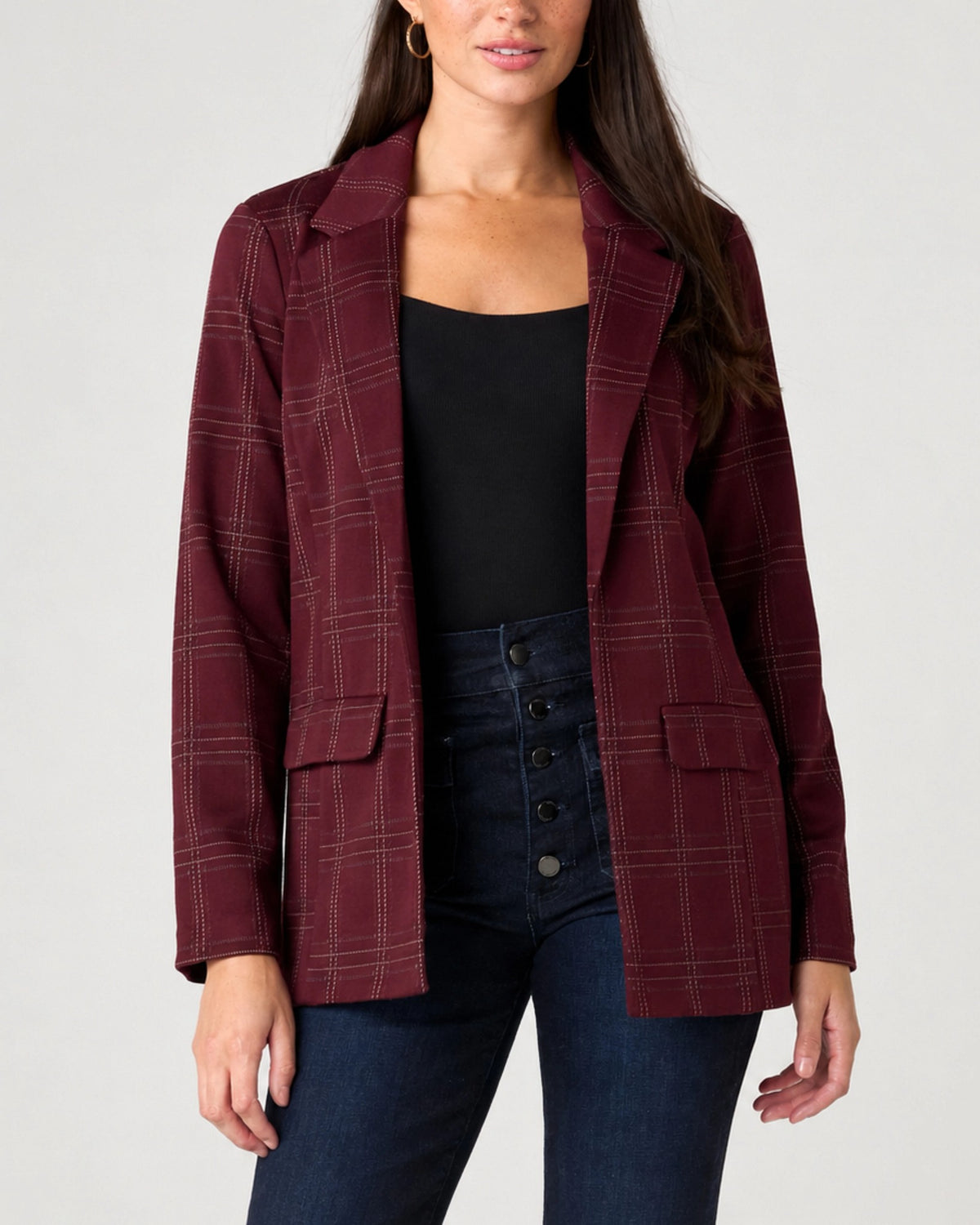 Burgundy/Multi Windowpane $|& Liverpool Boyfriend Blazer - VOF Detail