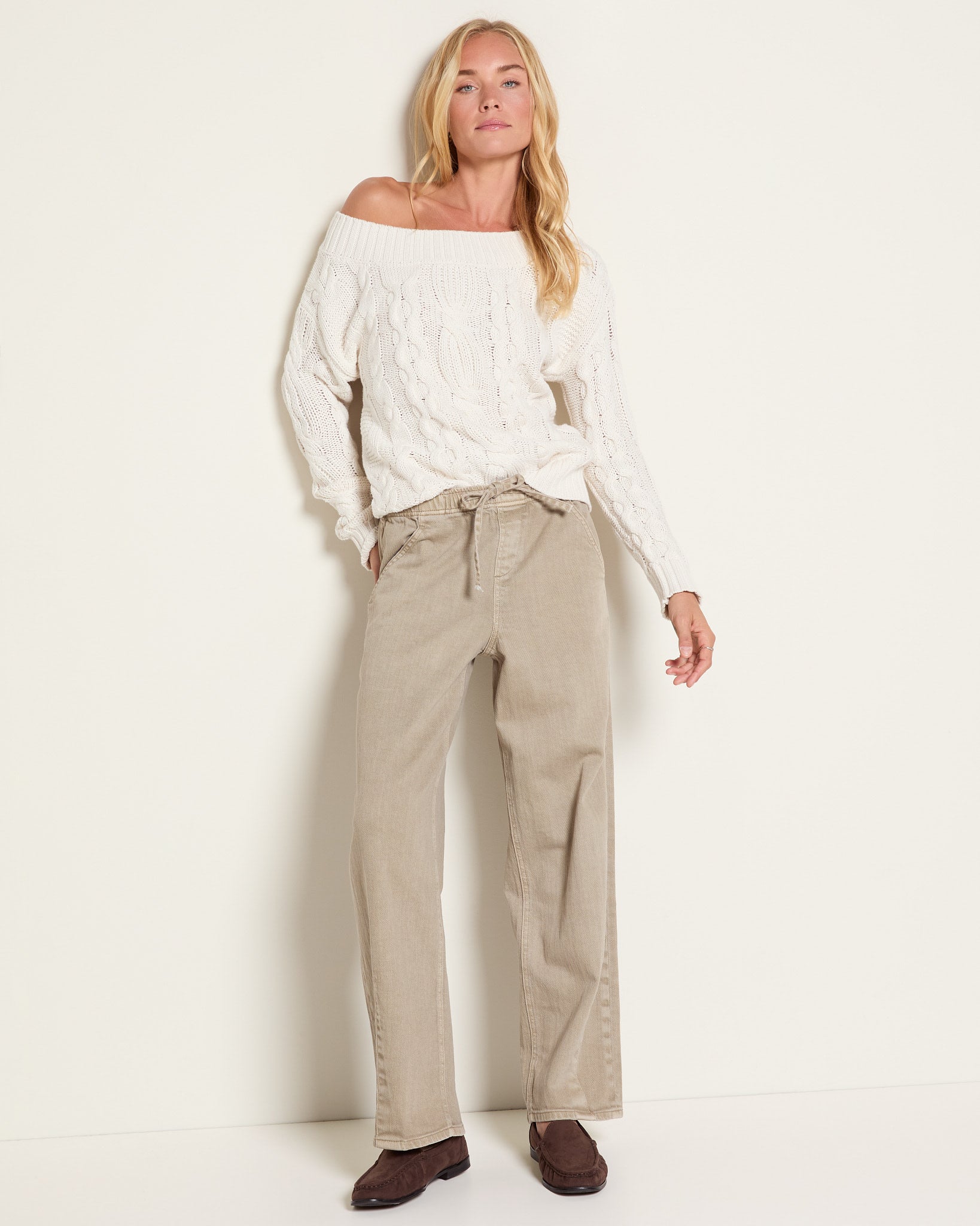 Cream $|& SEAS Delilah Off the Shoulder Cable Knit Sweater - UGC On Fig
