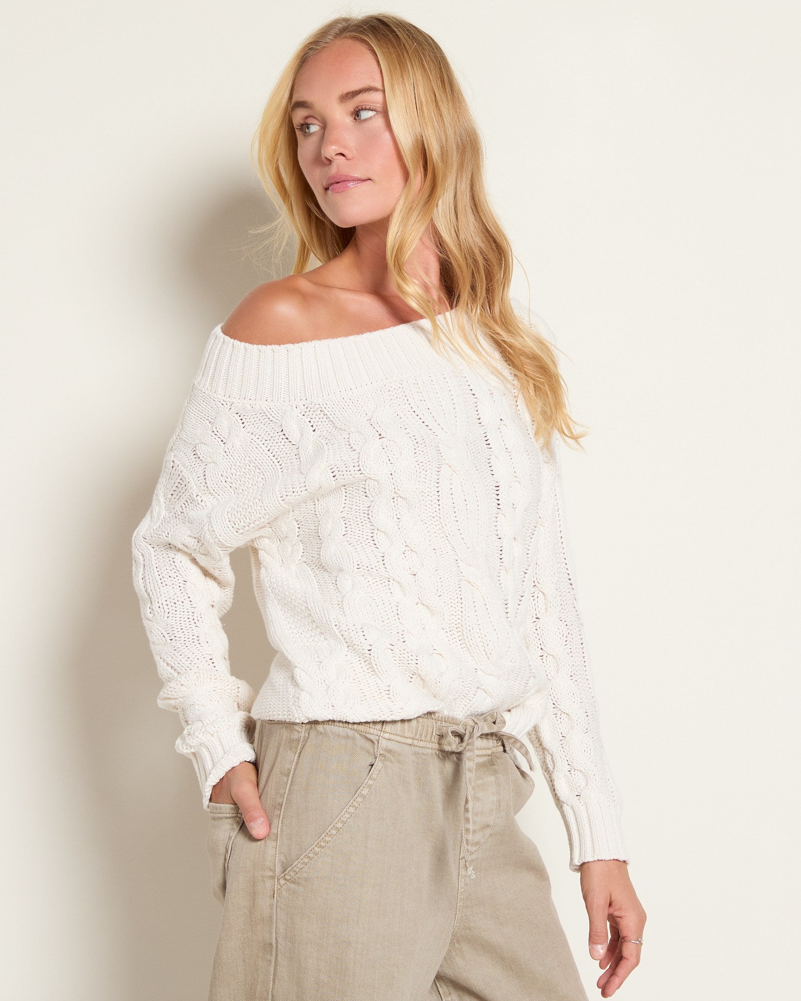 Cream $|& SEAS Delilah Off the Shoulder Cable Knit Sweater - SOF Front