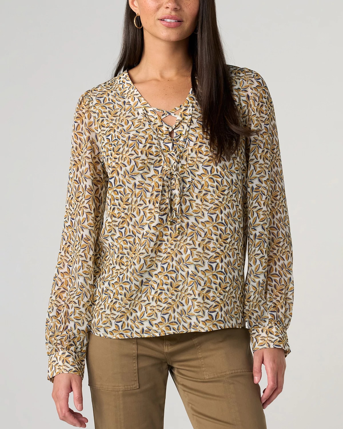 Gold Blue Multi $|& Liverpool Long Sleeve Lace Up Woven Blouse - VOF Detail