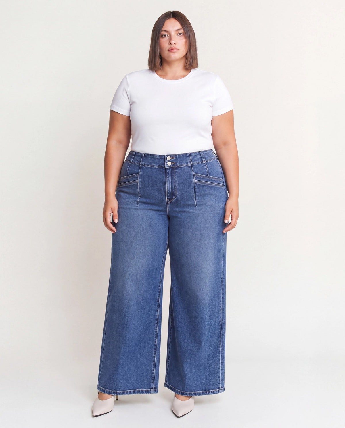 Medium Wash $|& Mica Denim Super High Rise Wide Leg Jean With Double Button - VOF Detail