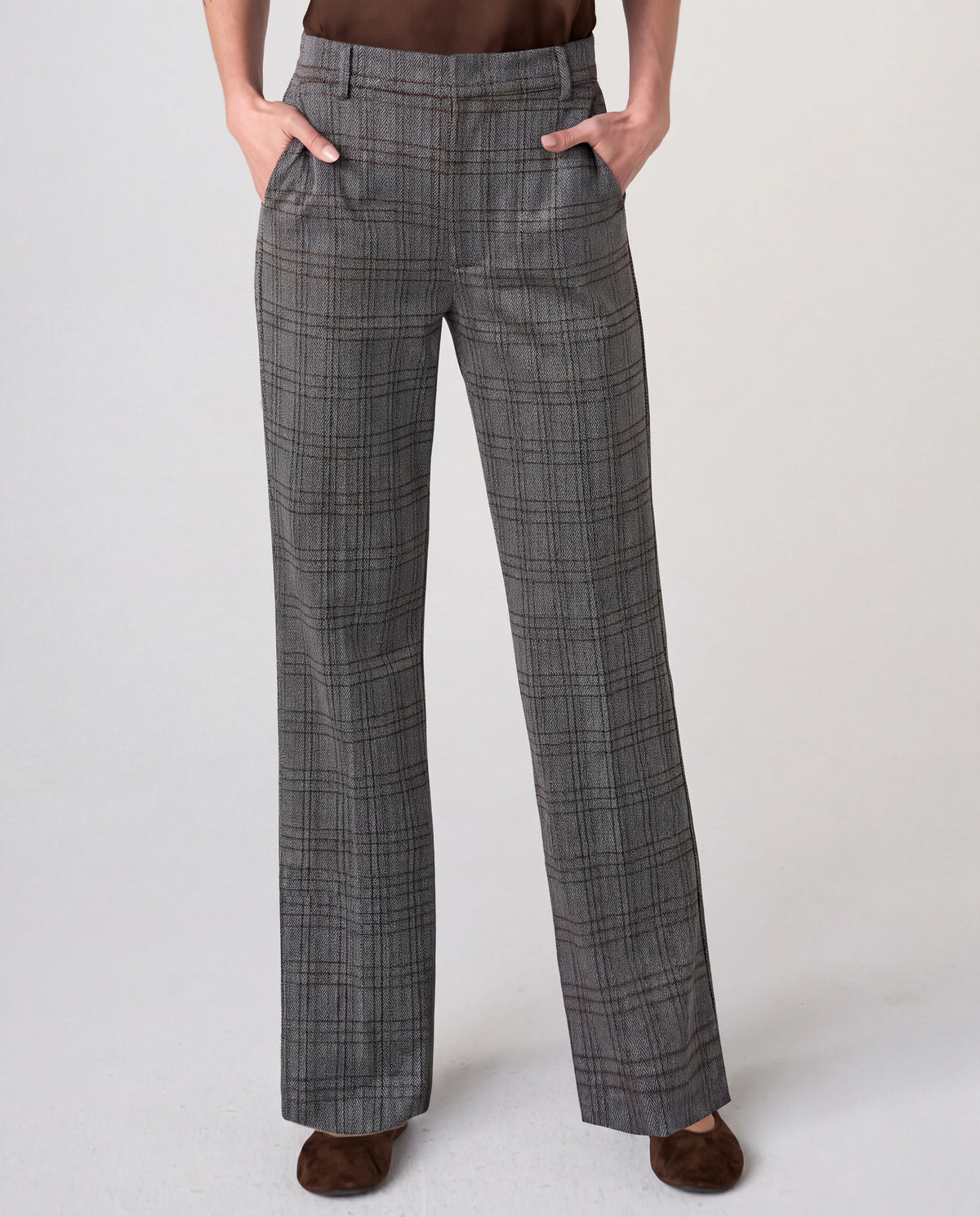 Black/Multi Herringbone Plaid $|& Liverpool Kelsey Wide Leg Trouser - VOF Detail