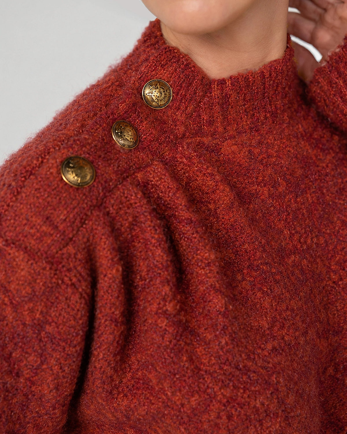 Rust Multi $|& Liverpool Long Sleeve Mock Neck Sweater with Buttons - Hanger Back