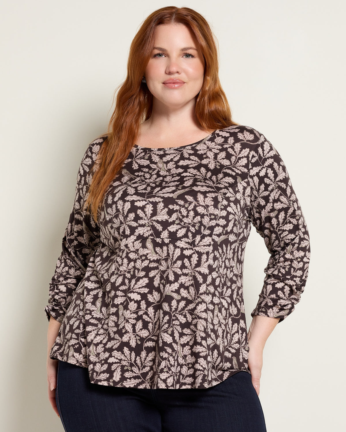 Dark Chocolate Bird Foliage $|& Bobeau 3/4 Cinch Sleeve Babydoll Top - SOF Front