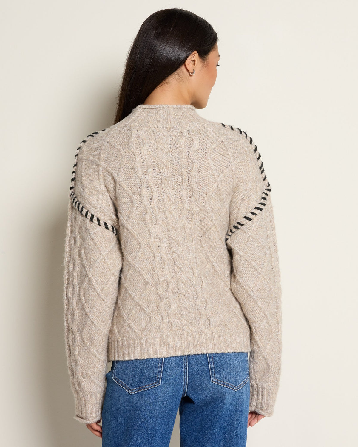 Oatmeal/Black $|& Bobeau Cable Knit Pullover with Whipstitch Detail - SOF Back