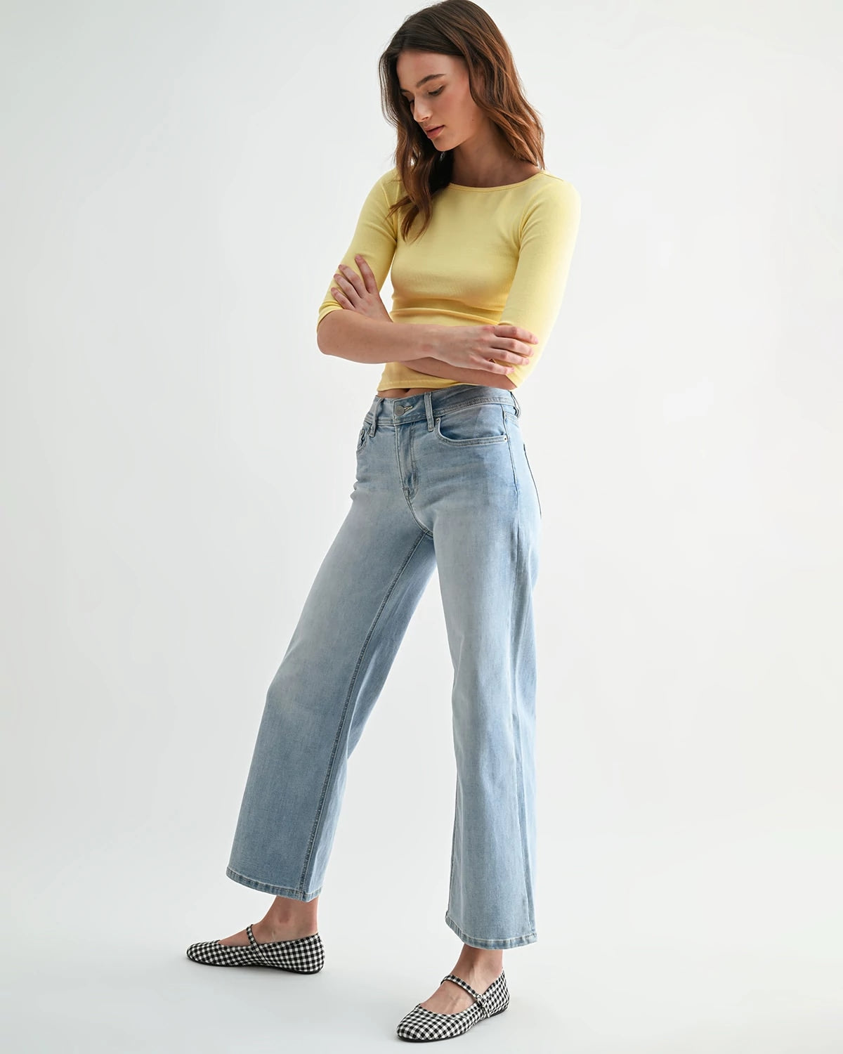 Pale Blue $|& Mica Denim Mid Rise Ankle Wide Leg - Hanger Front