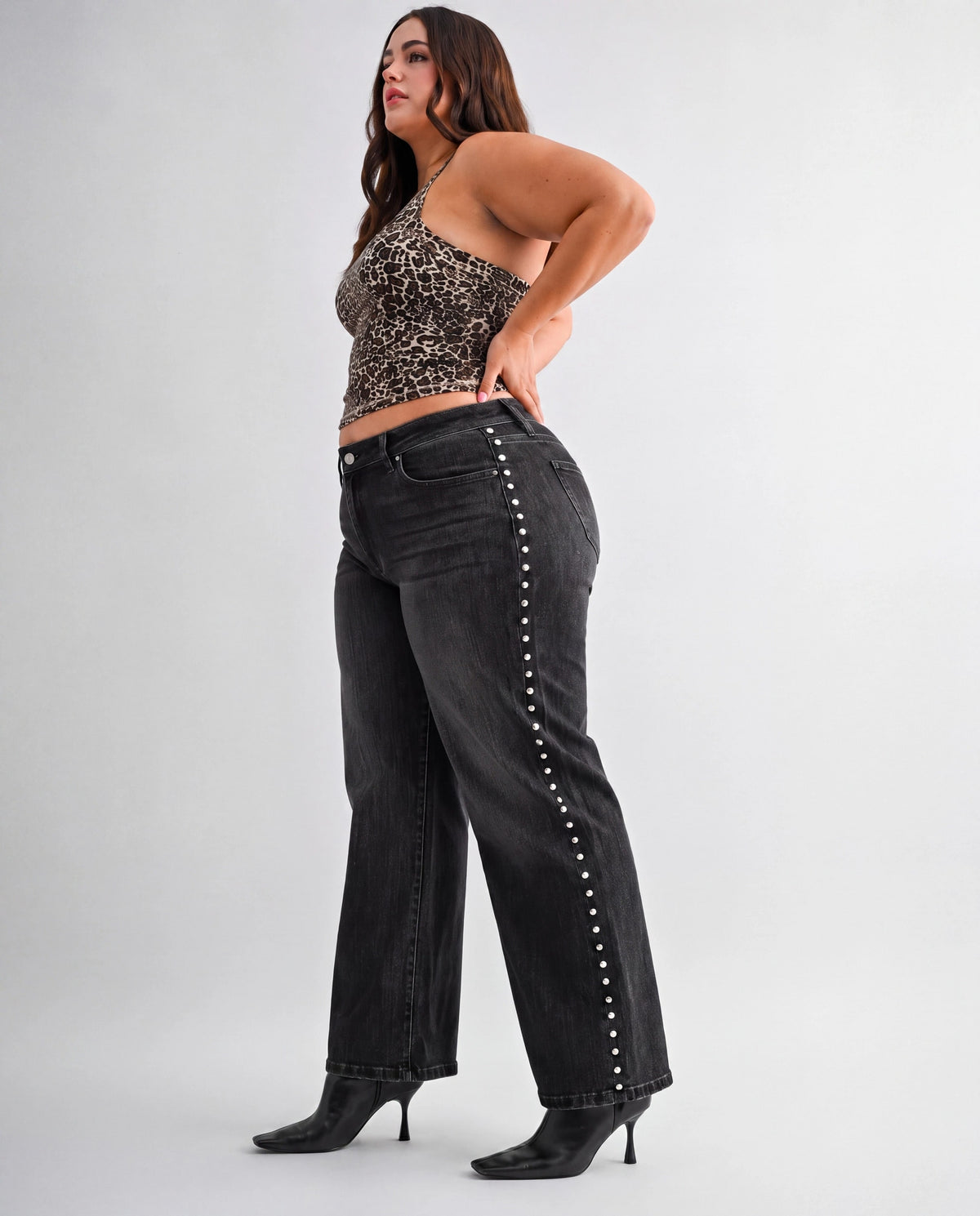Black Bean $|& Mica Denim Mid Rise Wide Leg Jean with Nailhead Detail - Hanger Front