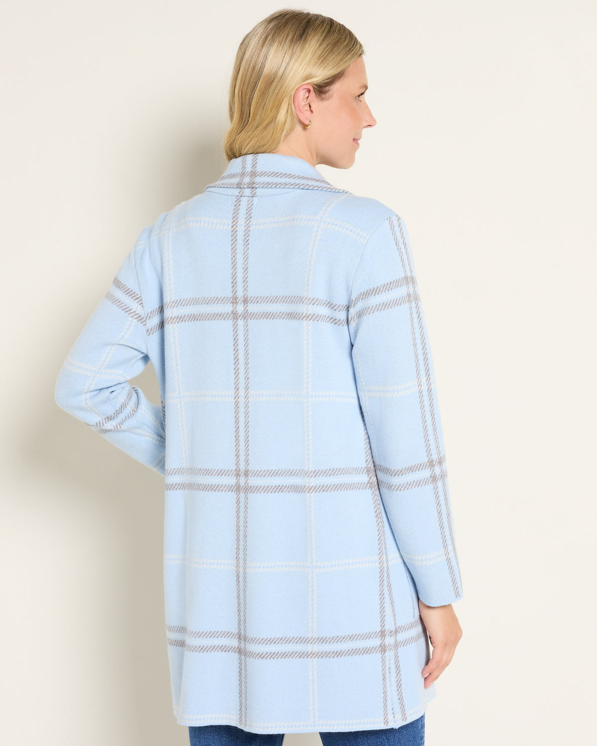 Light Blue Pepper Plaid $|& OneWorld Light Weight Sweater Coatigan - SOF Back