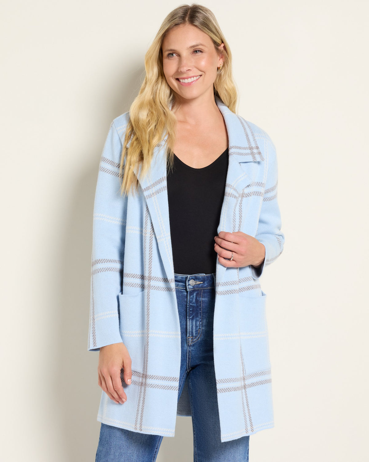 Light Blue Pepper Plaid $|& OneWorld Light Weight Sweater Coatigan - SOF Front