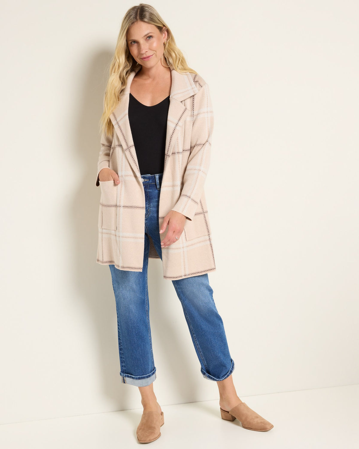 Taupe Plaid $|& OneWorld Light Weight Sweater Coatigan - UGC On Fig