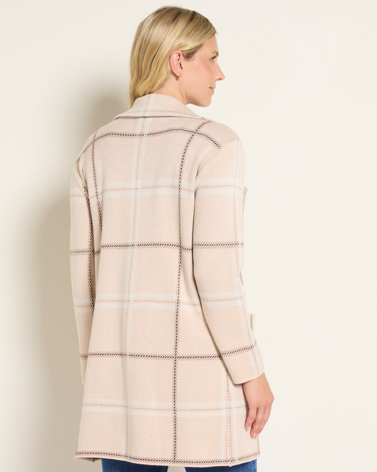 Taupe Plaid $|& OneWorld Light Weight Sweater Coatigan - SOF Back