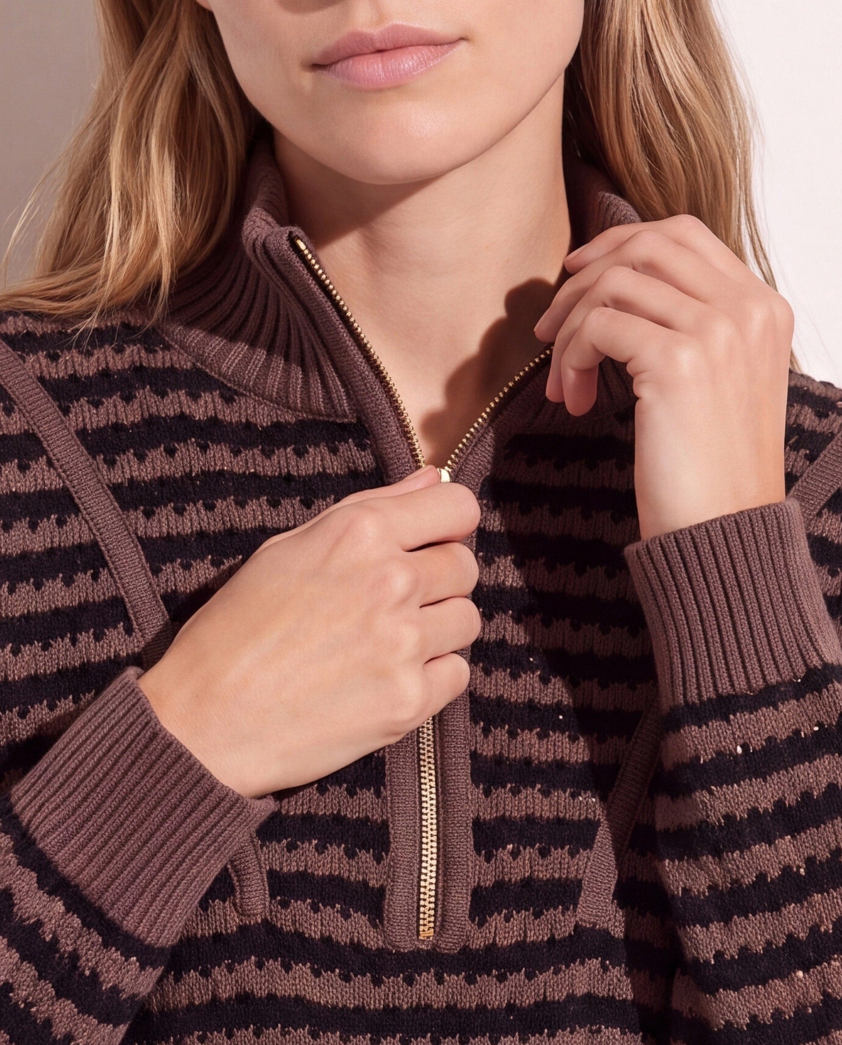 Walnut Stripe $|& Interval Influence Quarter Zip Sweater - SOF Full Front