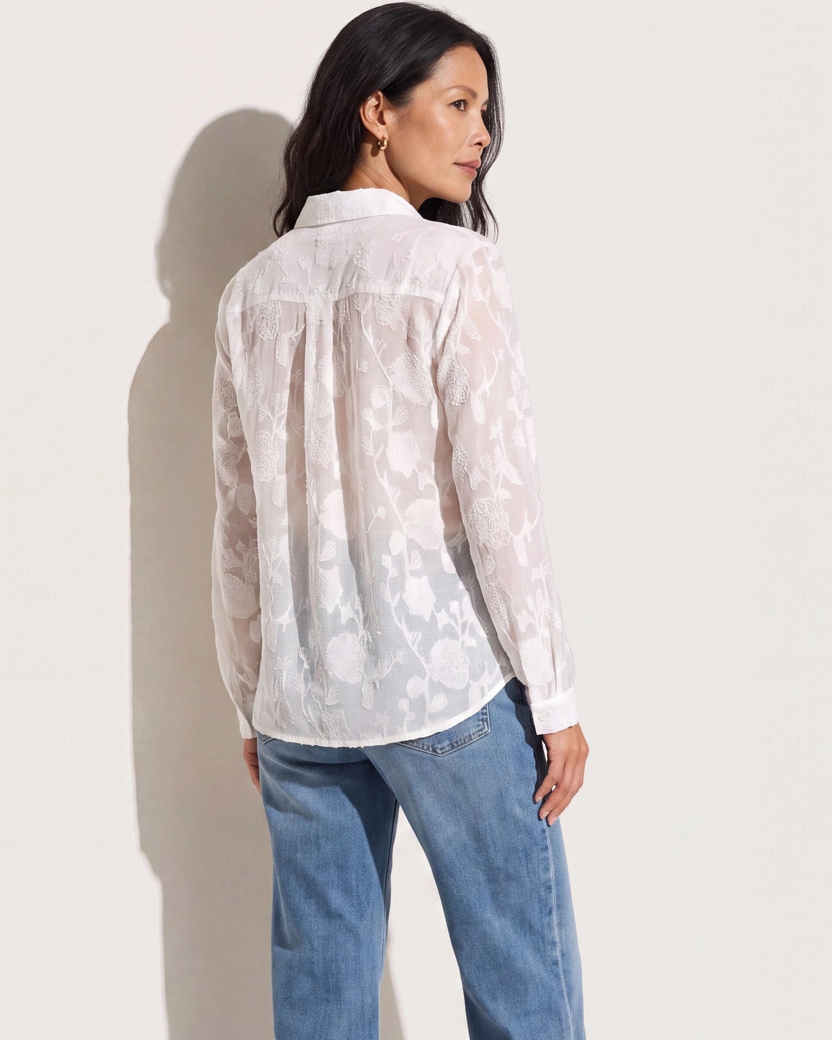 White Floral $|& West Kei Floral Jacquard Woven Long Sleeve Blouse - SOF Back