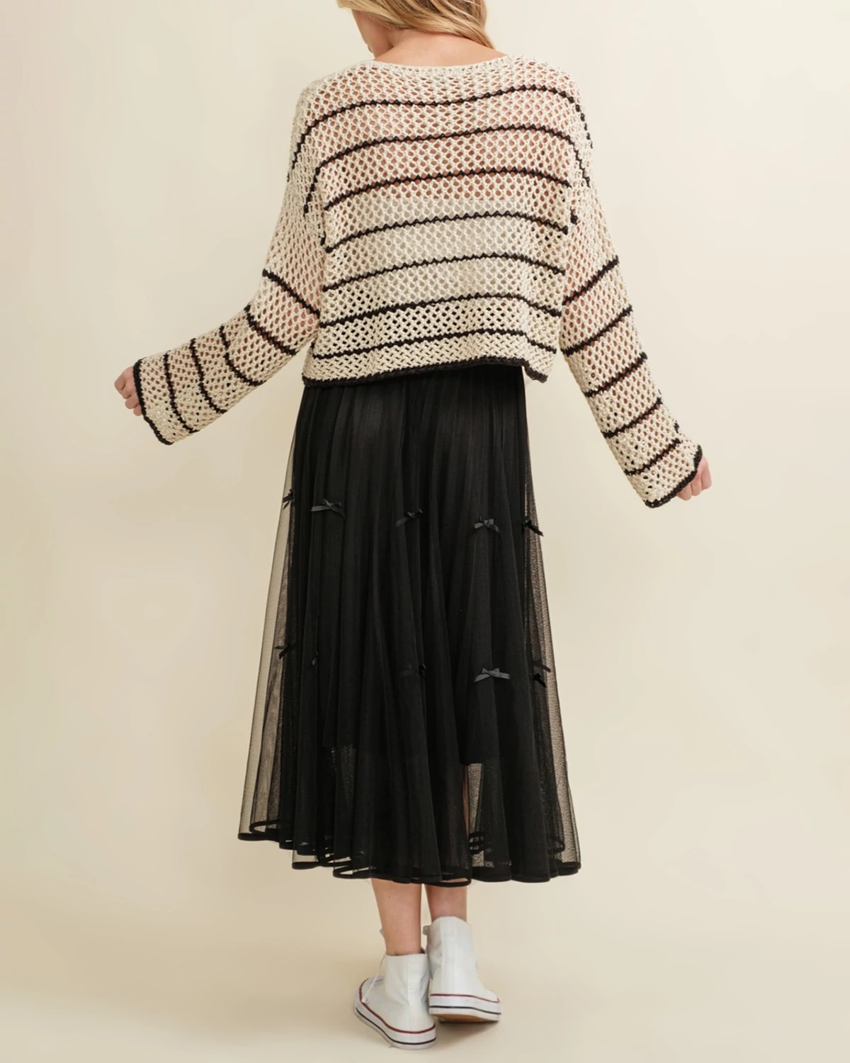 Cream/Black $|& Cloud Ten Open Weave Sweater with Contrast Stripe Detail - Hanger Side