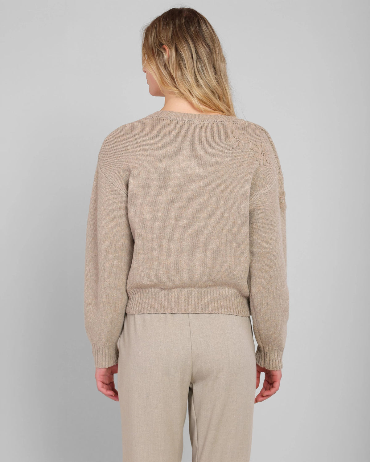 Soft Oatmeal $|& Room 34 Flower Embroidered Sweater - Hanger Side