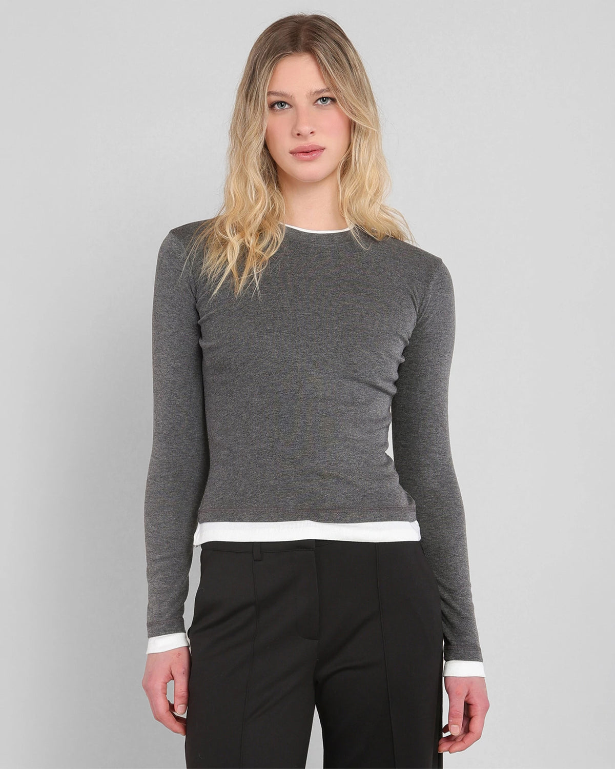 Charcoal Heather $|& Room 34 Layered Look Long Sleeve Top - VOF Detail