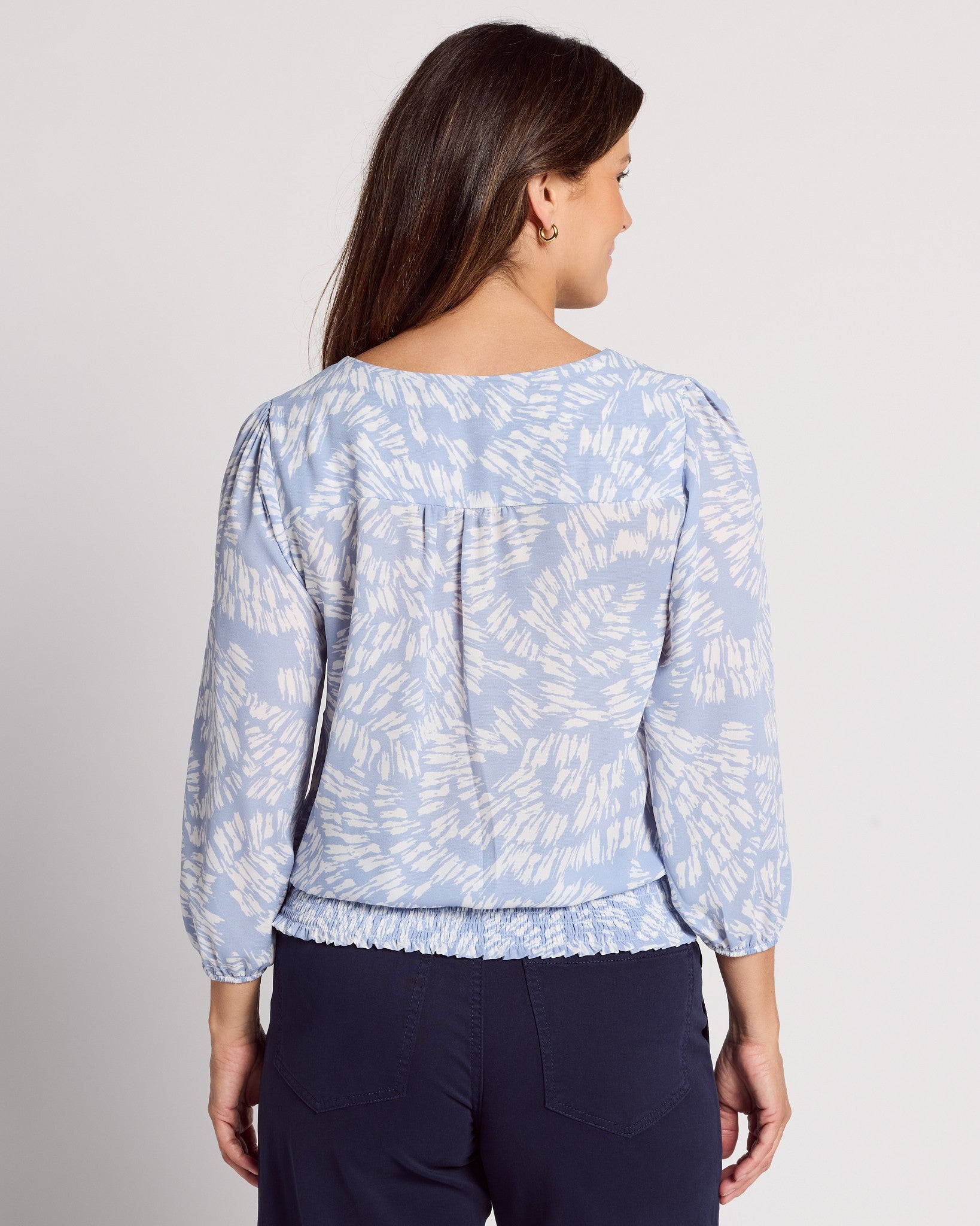 Light Blue/White $|& Beacon & Haven Printed Woven 3/4 Sleeve Surplice Blouse - SOF Back