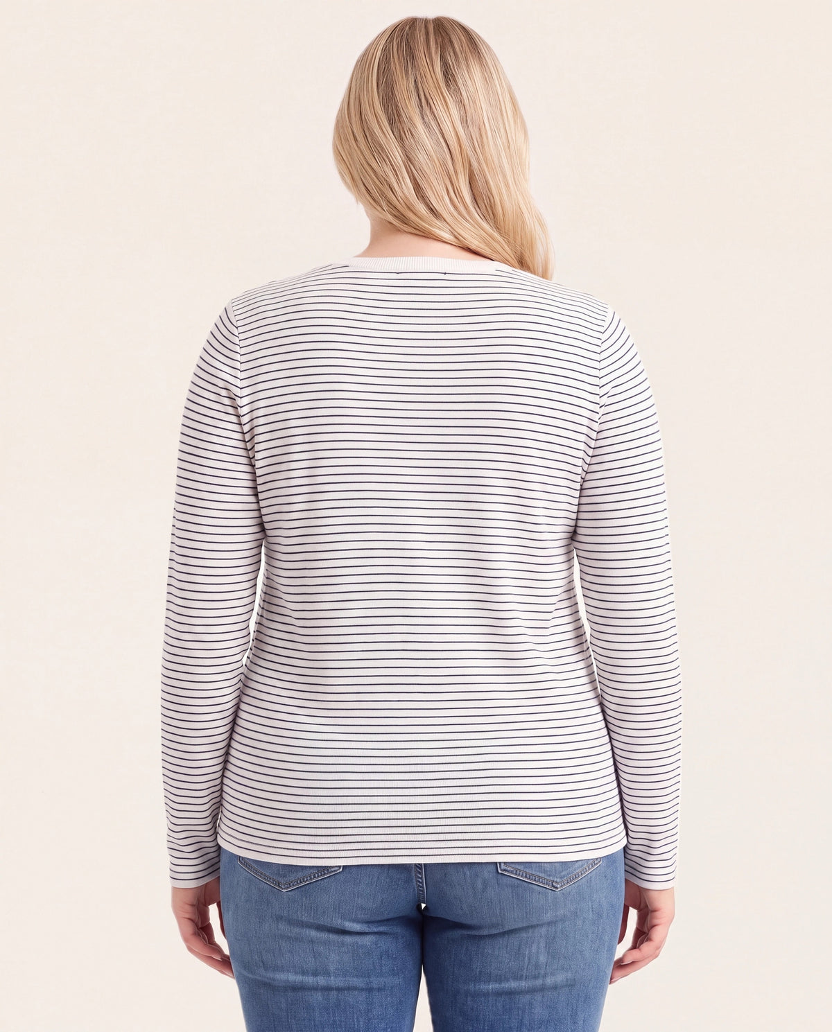 Ivory/Navy $|& Staccato Long Sleeve Basic Crew Neck Pinstriped Sweater - Hanger Side