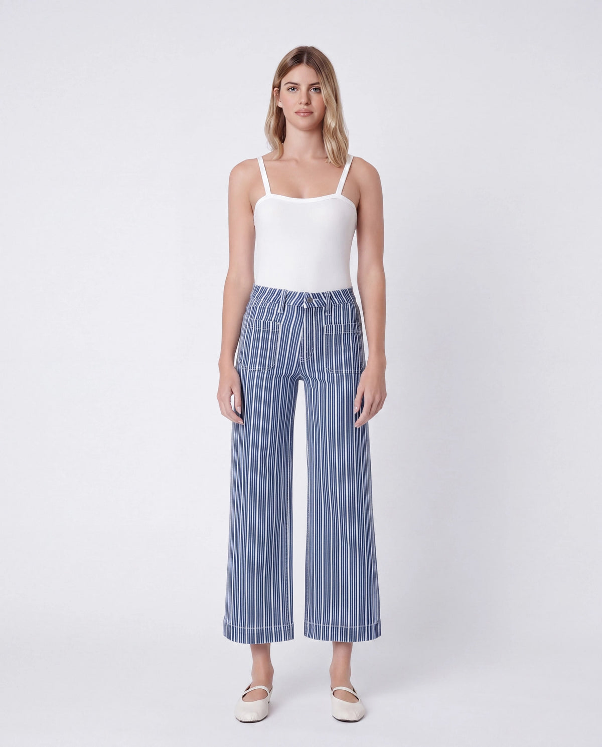 Stripe $|& Vervet High Rise Patch Pocket Wide Leg Jeans - VOF Detail