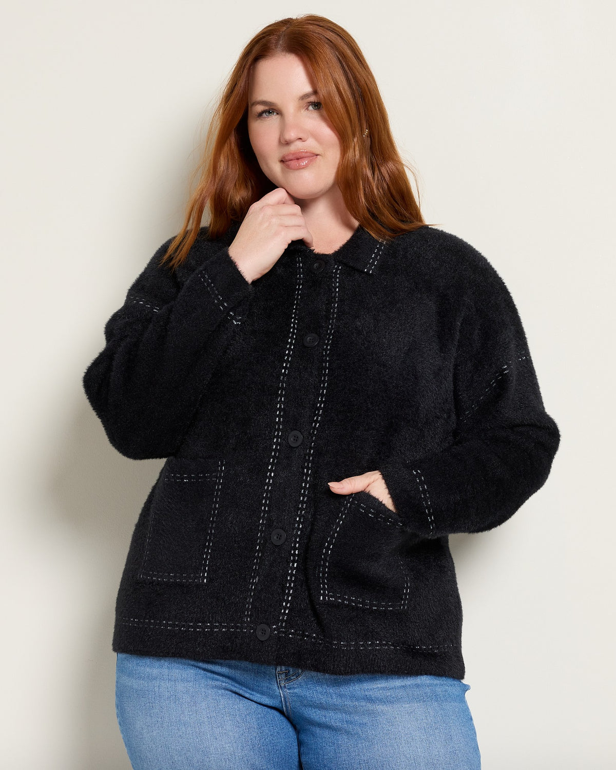Black/White $|& Bobeau Fuzzy Button Front - SOF Front