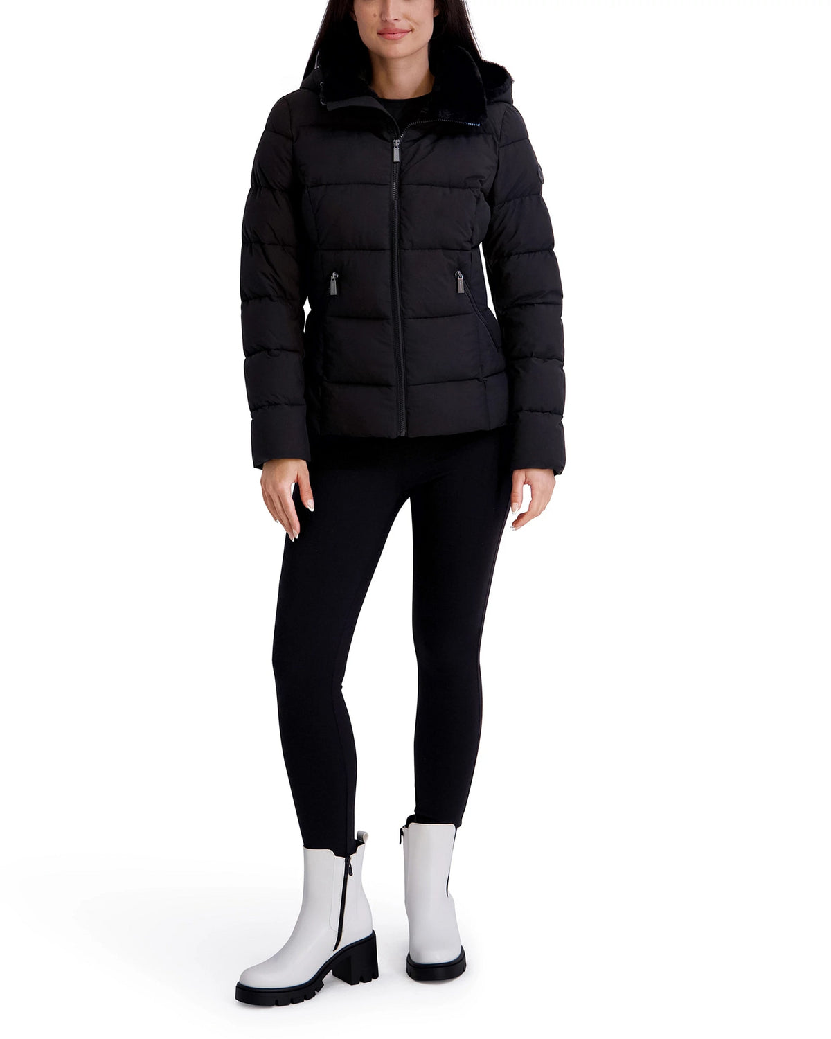 Black $|& Kenneth Cole Short Hooded Packable Puffer with Cozy Lining - VOF Detail
