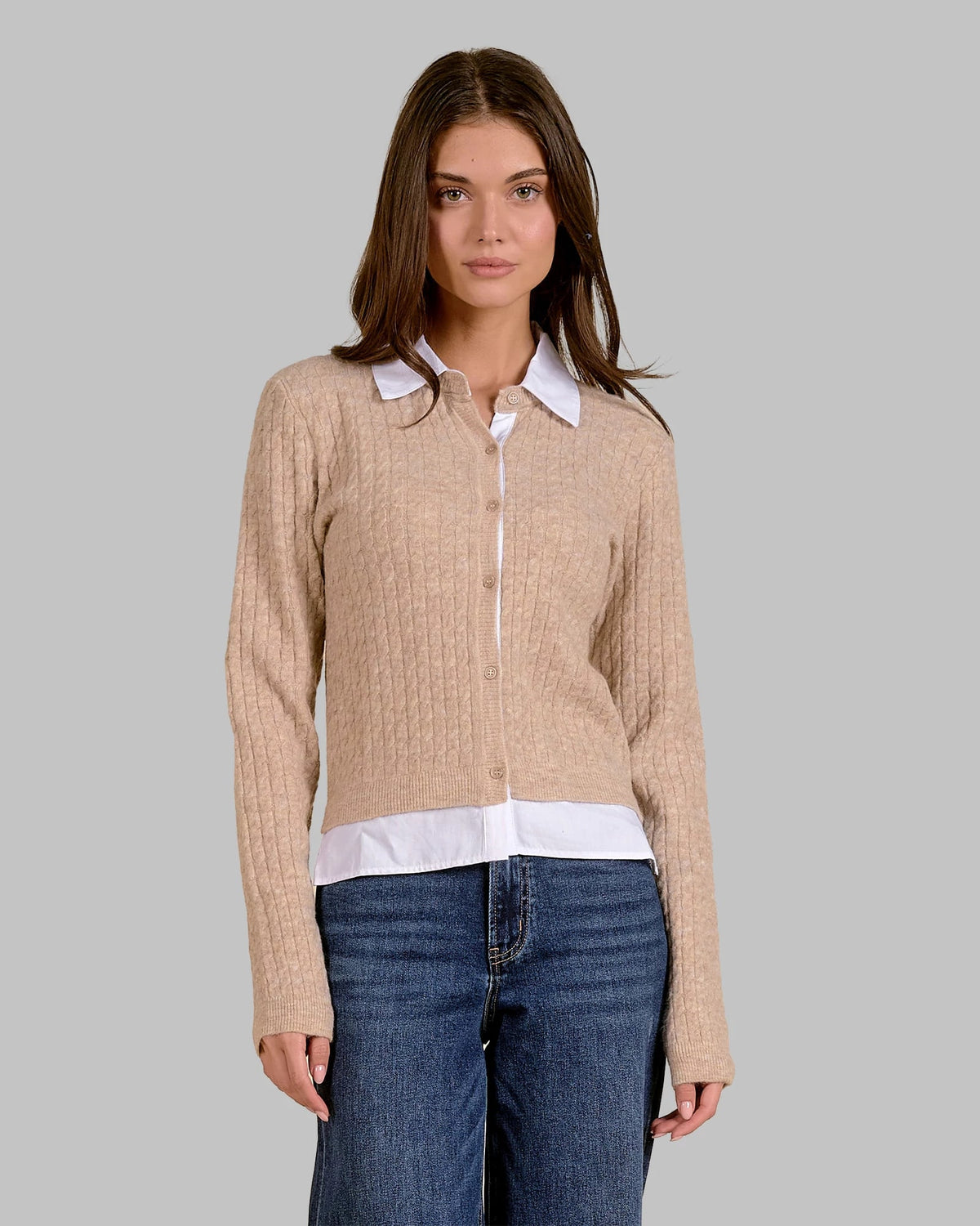 Tan White $|& Elan Classic Two-Fer Sweater Knit Top - VOF Detail