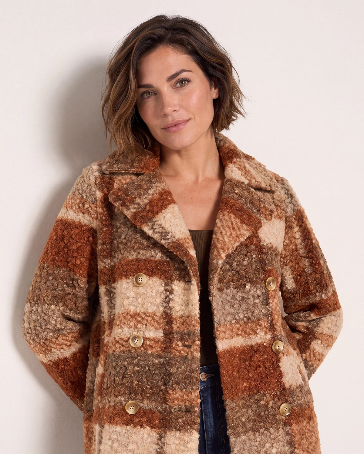 Nutmeg/Multi Plaid Sherpa $|& Liverpool Double Breasted Peacoat - SOF Full Front