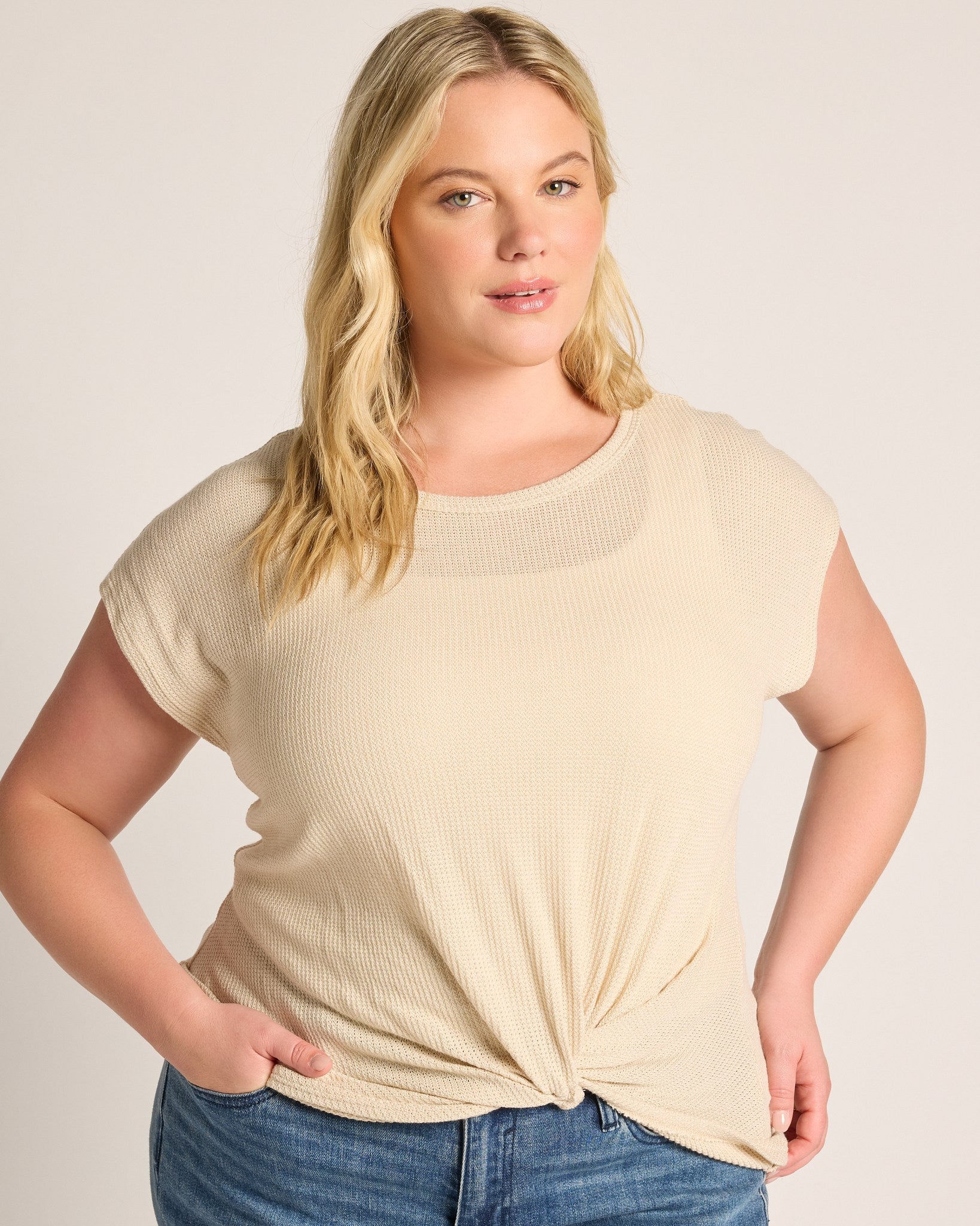 Oatmeal $|& W. by Wantable Textured Knit Twist Front Top - SOF Front