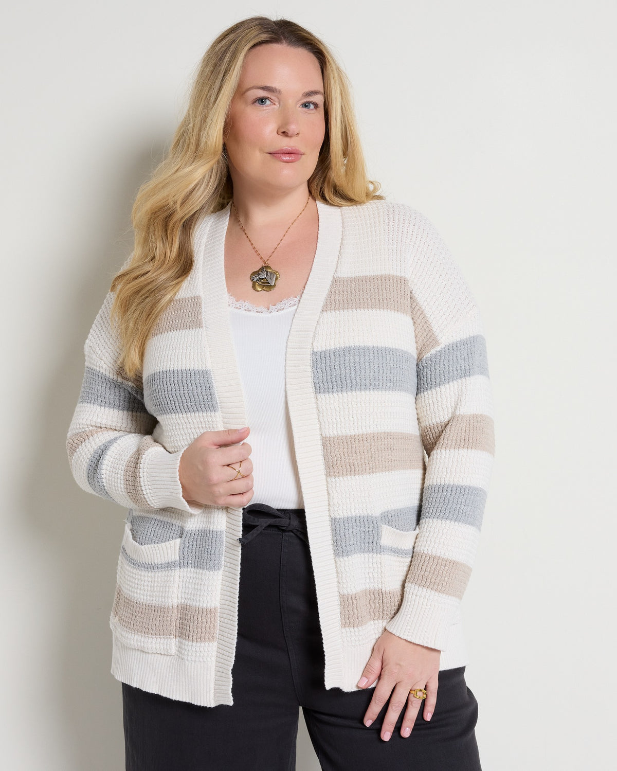 Cream/Ht Grey Stripe $|& SEAS Olivia Cardigan with Pockets - SOF Front