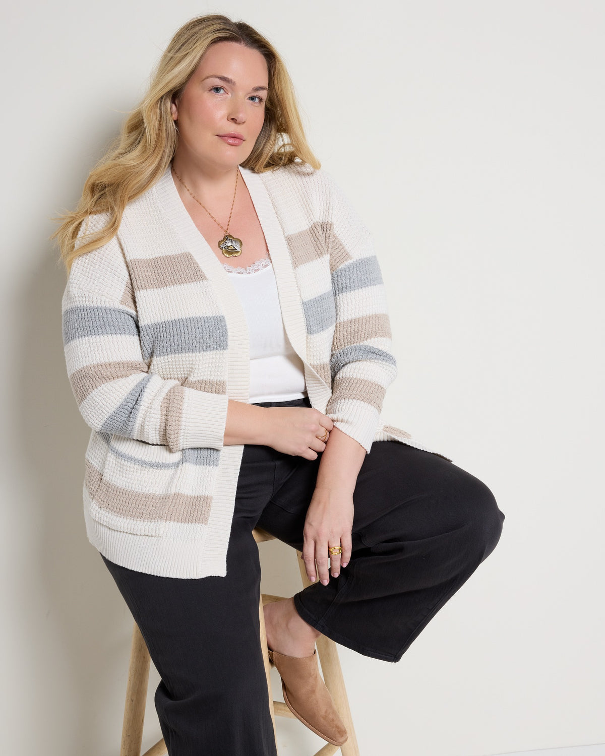 Cream/Ht Grey Stripe $|& SEAS Olivia Cardigan with Pockets - VOF Front