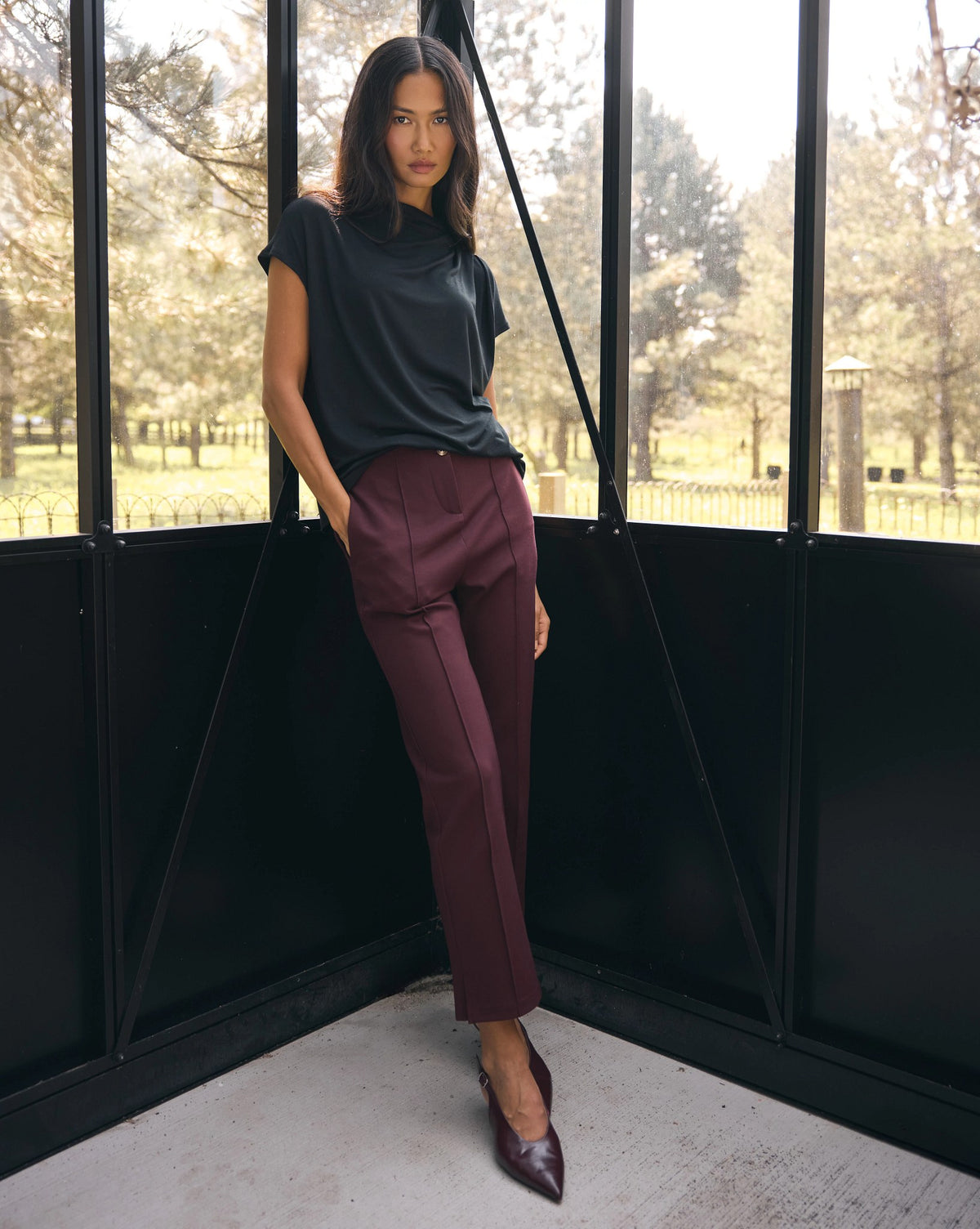 Burgundy $|& SEAS Willis High Rise Seamed Crop with Slits - SOF Side