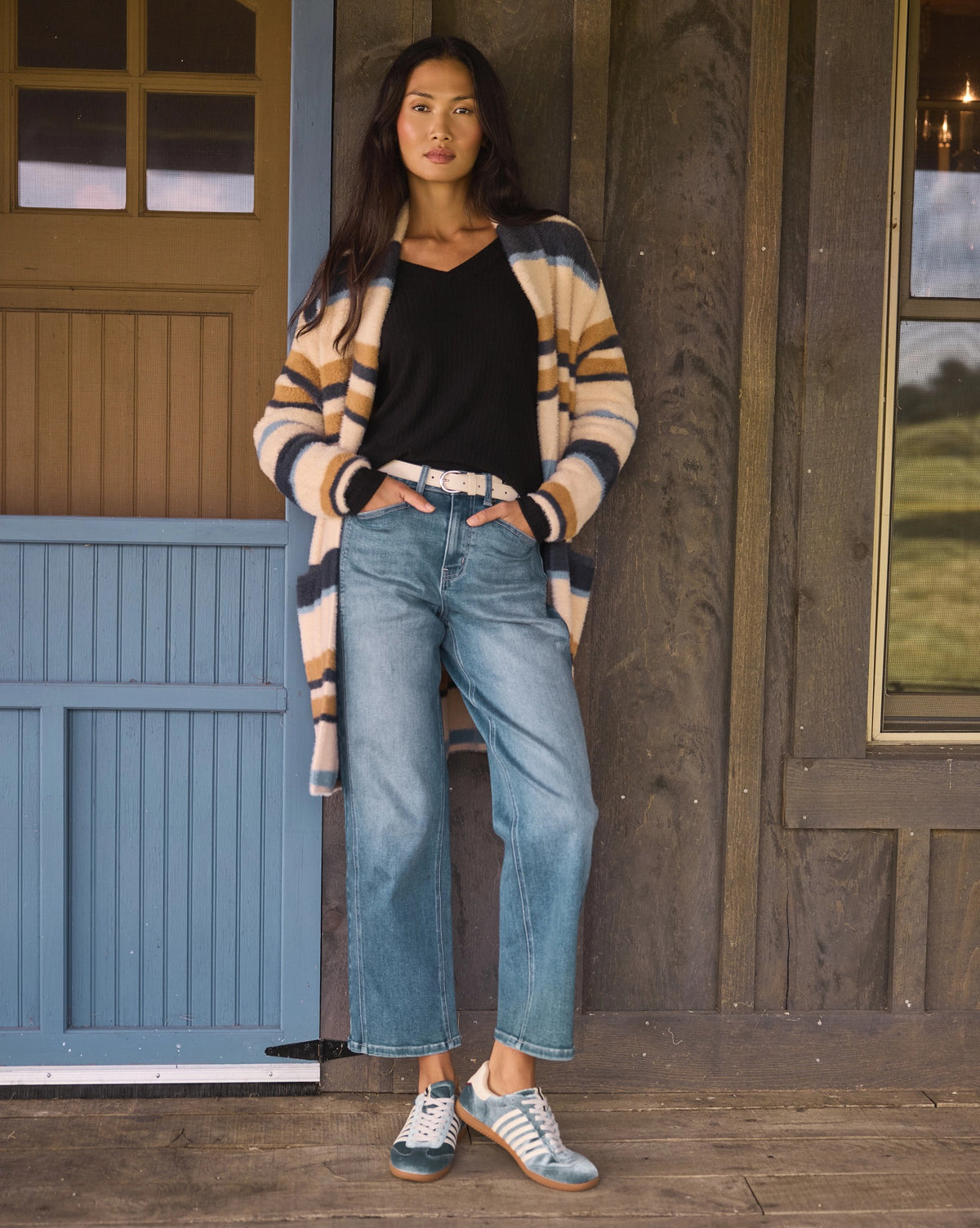 Almond Stripe $|& SEAS Raven Sweater Coatigan - SOF Side