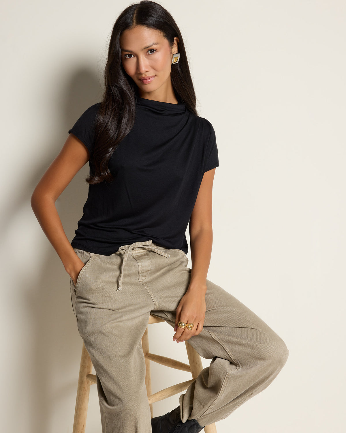 Black $|& SEAS Ariana Draped Mock Neck Top - VOF Front