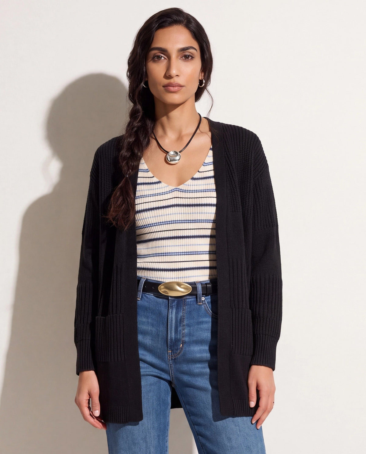 Black $|& SEAS Emma Drop Sleeve Cardigan - SOF Front