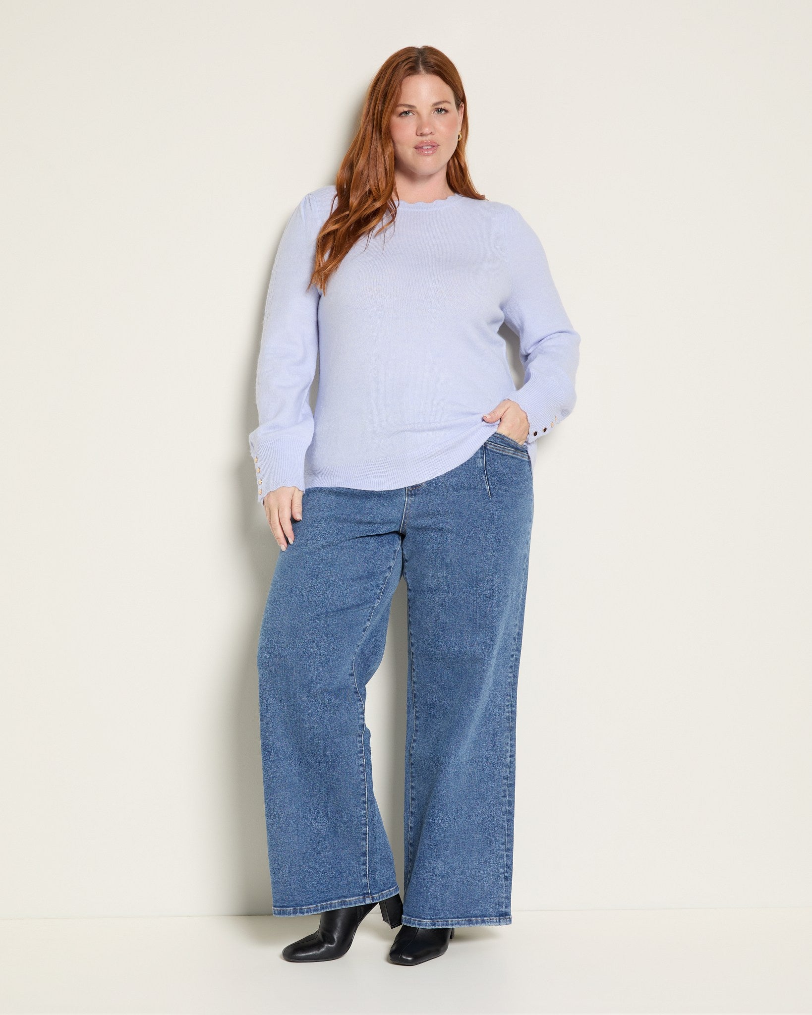 Corn Flower $|& Skies Are Blue Button Cuff And Scalloped Detail Knit Sweater - UGC On Fig