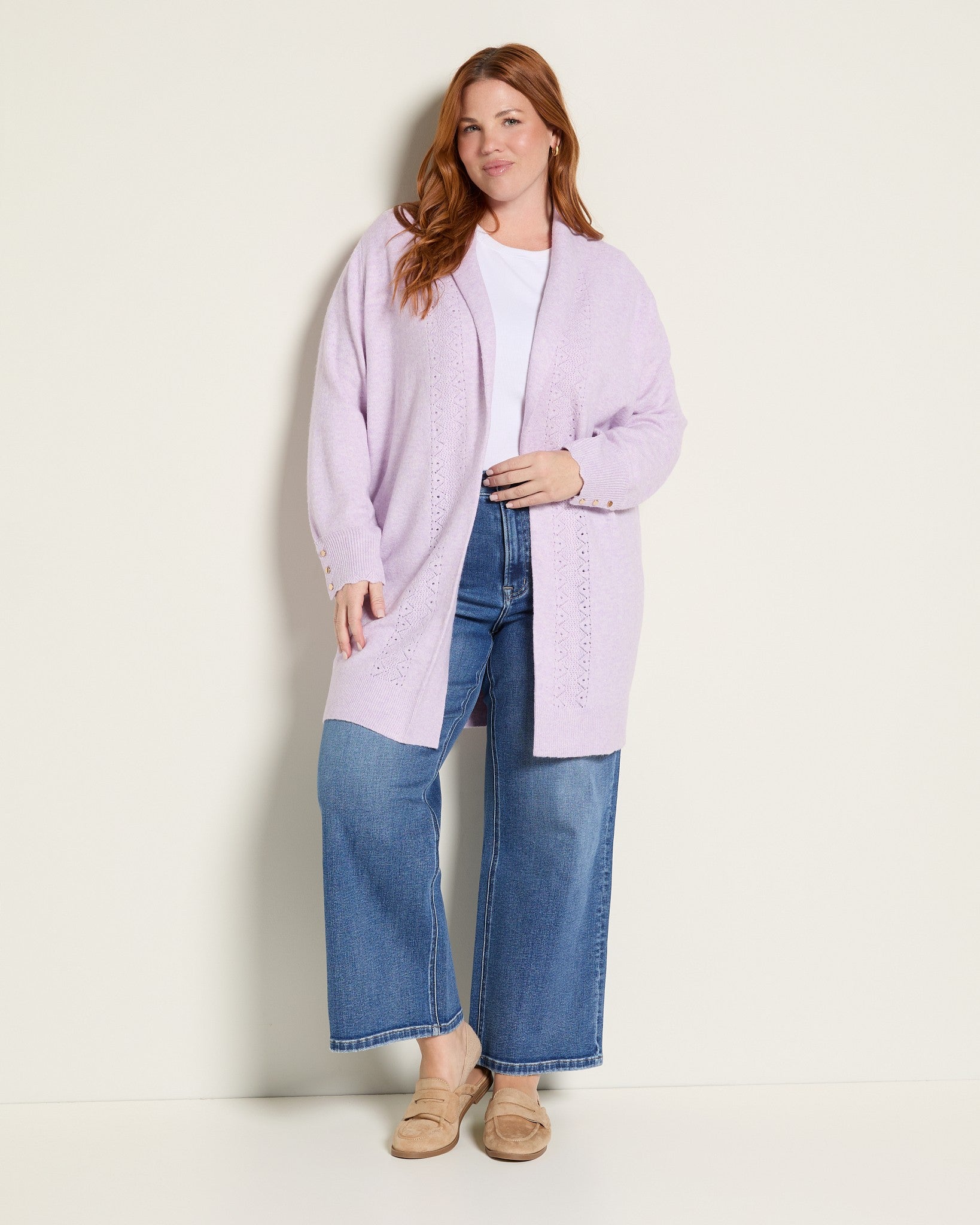 Lavender $|& Skies Are Blue Button Detail Long Open Knit Cardigan - UGC On Fig