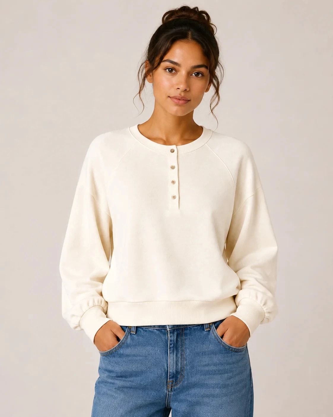 Ivory $|& Bobeau Brushed Poly Rayon Jersey Relaxed Raglan Pullover - VOF Detail