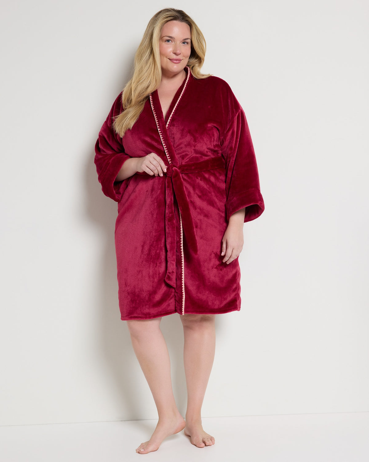 Rhubarb/Pink $|& Bobeau Double Sided Plush Whipstitch Long Sleeve Robe - SOF Front