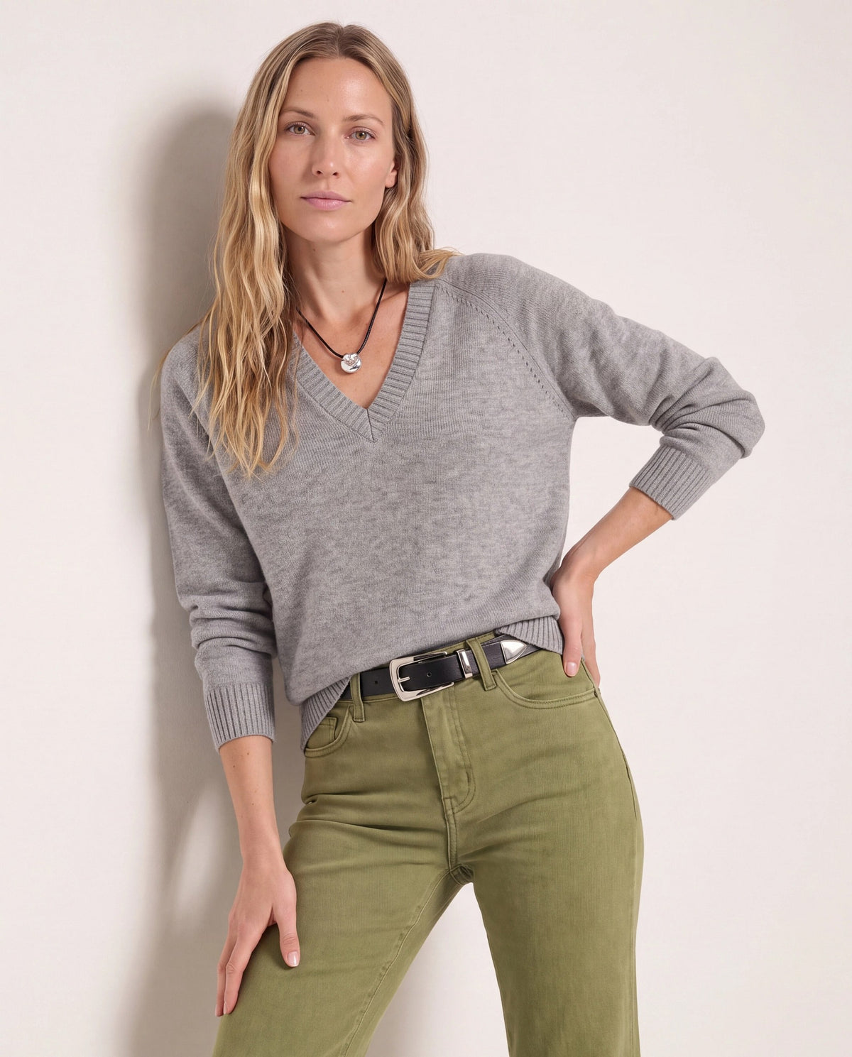Heather Grey $|& SEAS Madelyn V-Neck Sweater - SOF Front