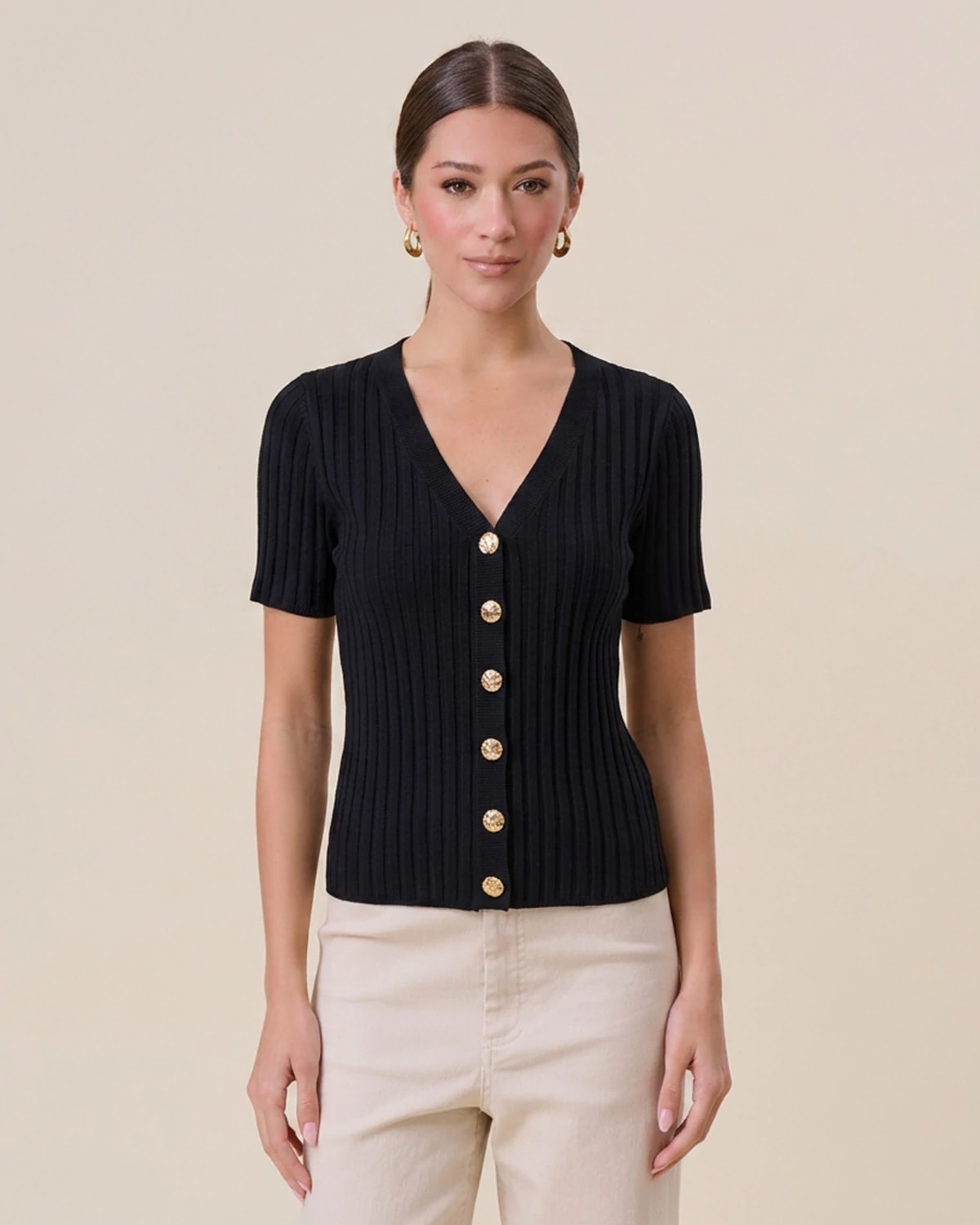 Black $|& ABLE Essential Ribbed Cardigan Top - VOF Detail