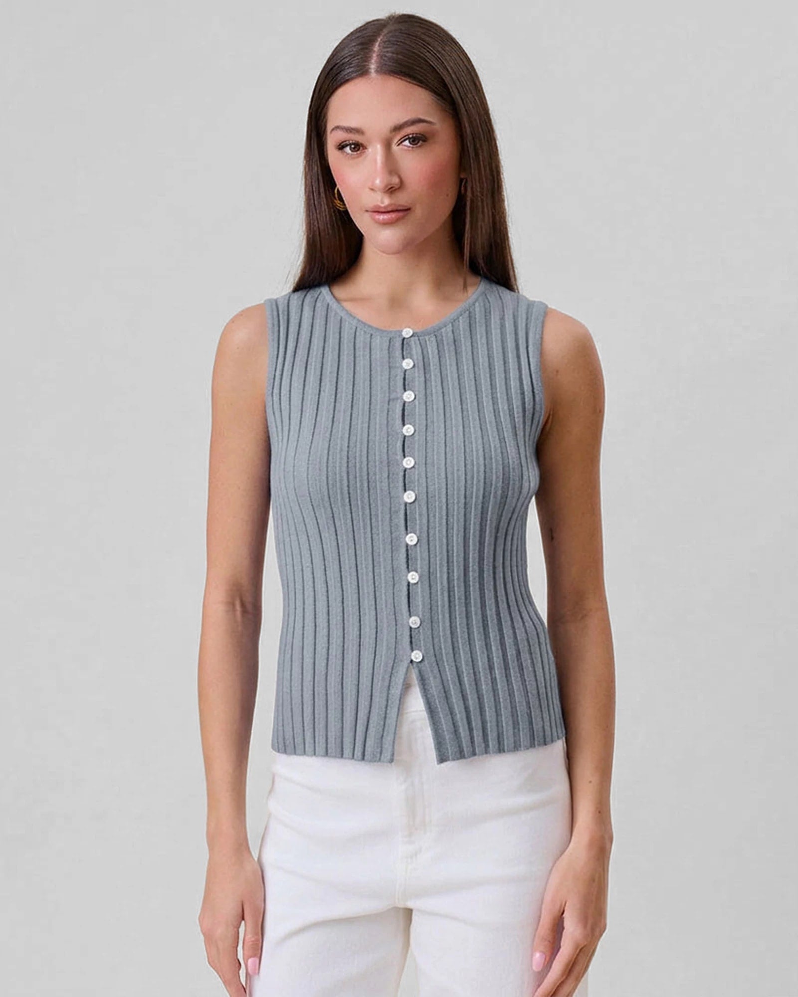Dusty Blue $|& ABLE Ribbed Sleeveless Button Top - VOF Detail