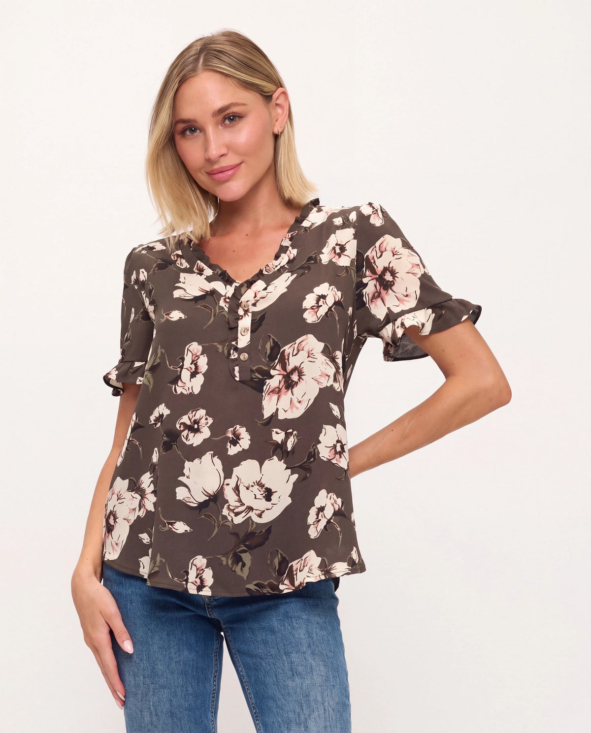 Olive Floral $|& West Kei Floral Woven Ruffle Sleeve Blouse - VOF Detail