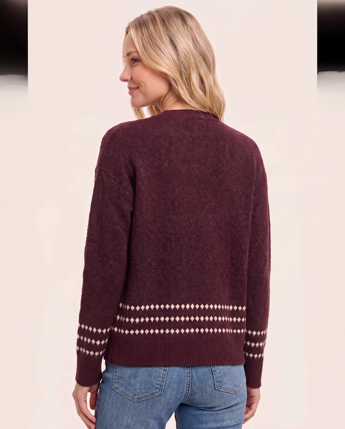 Burgundy $|& Staccato Diamond Striped Open Front Cardigan - Hanger Side